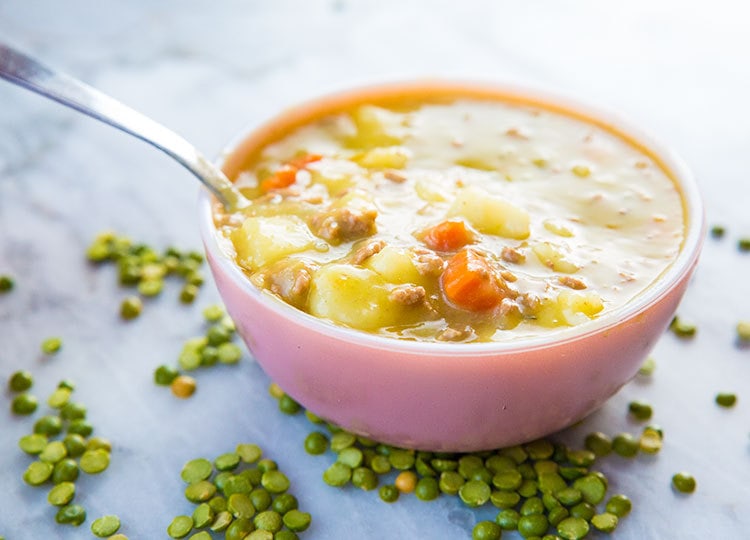 Will you trust me that my new  Slow Cooker Split Pea Hamburger Soup is absolutely amazing? I was inspired to make split pea soup in the slow cooker and had ground beef to use up. The result? A new slow cooker soup favourite! 