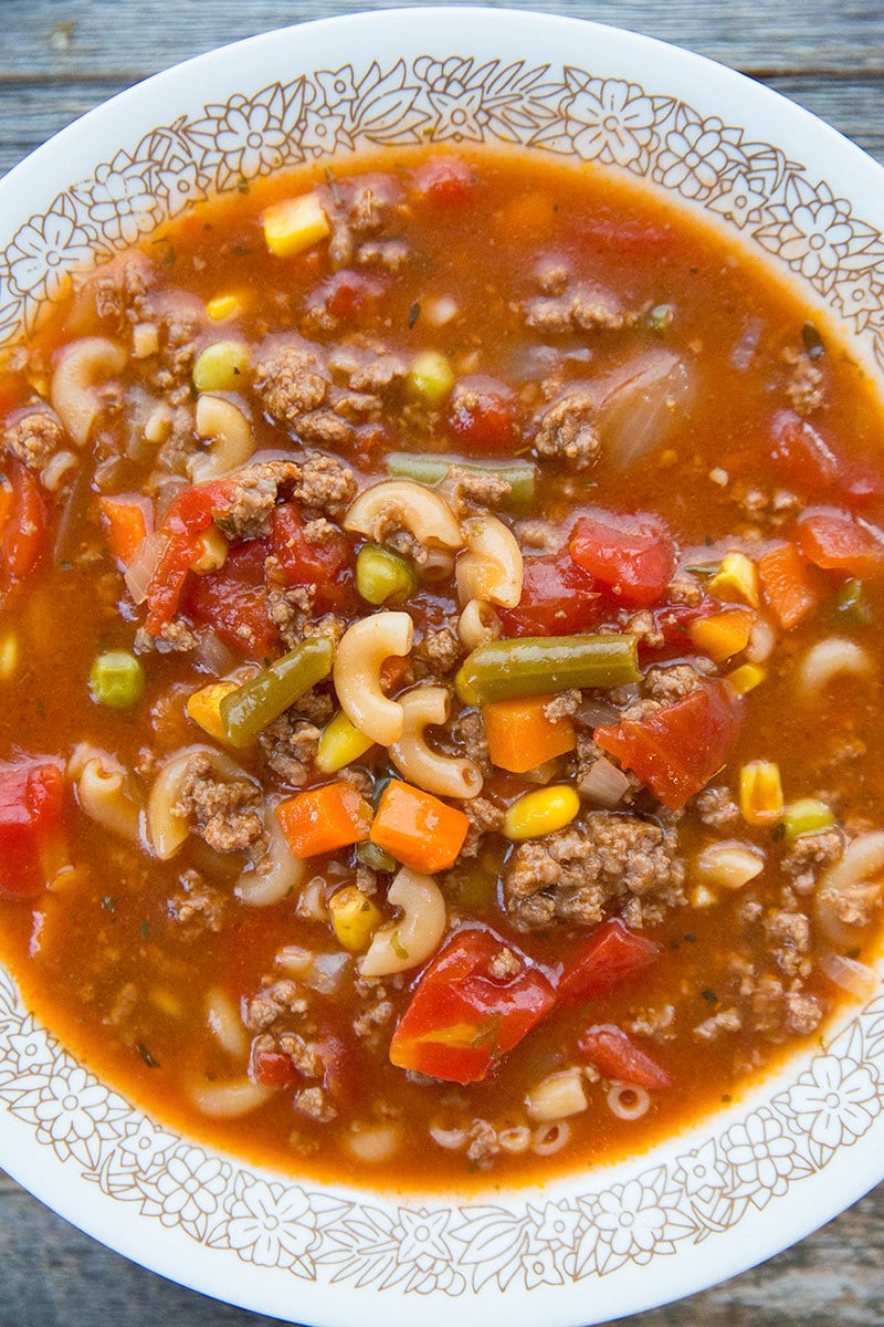  Macaroni Hamburger Soup in a white bowl 