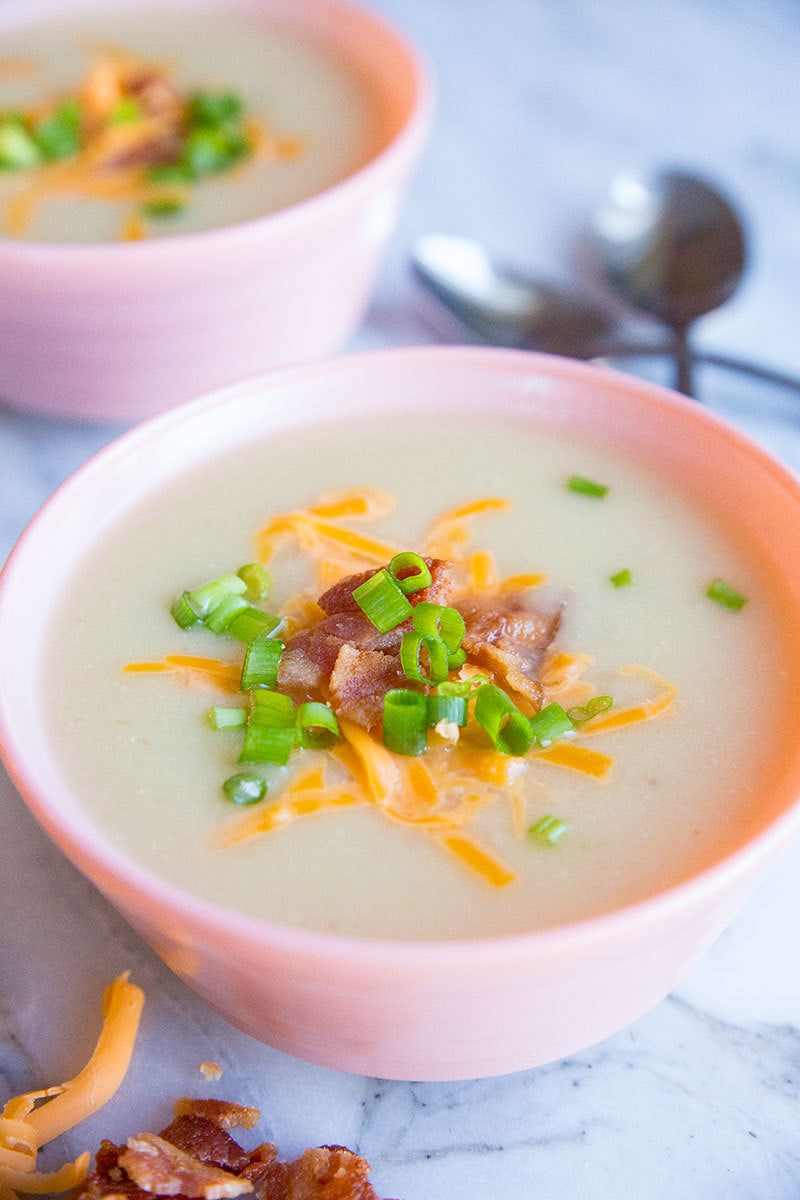  White Sweet Potato Soup in a pink bowl