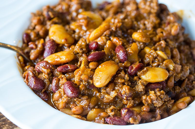 Instant Pot Calico Beans in a white bowl 