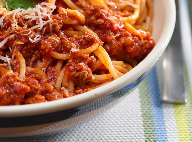 close up of instant pot spaghetti in a bowl