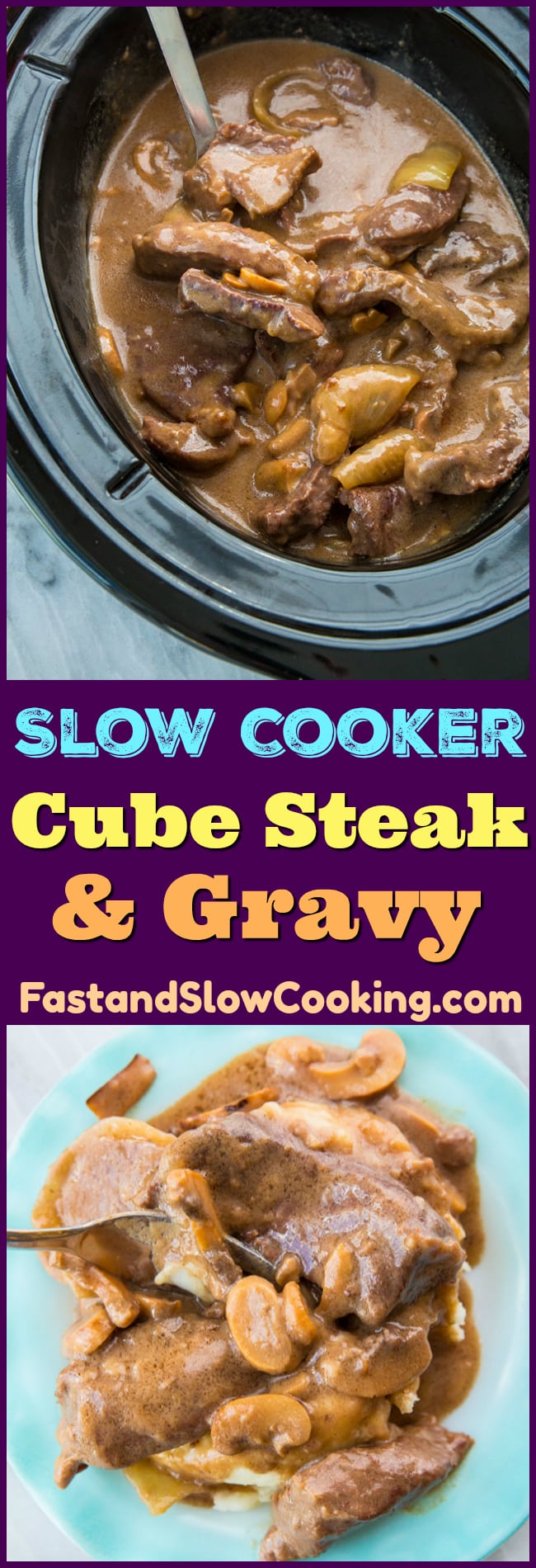 Slow Cooker Cube Steak with Mushroom Onion Gravy is comfort food in a slow cooker! Stop ignoring the cube steaks in your grocery store, you can now make it tender, falling-apart beef perfection! #slowcooker #crockpot #recipe #beef #cubebeef #gravy 