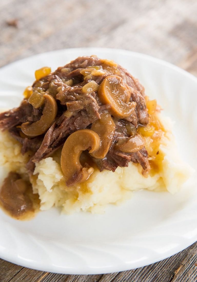 Slow Cooker Pot Roast With Onion Mushroom Gravy - Fast And Slow Cooking