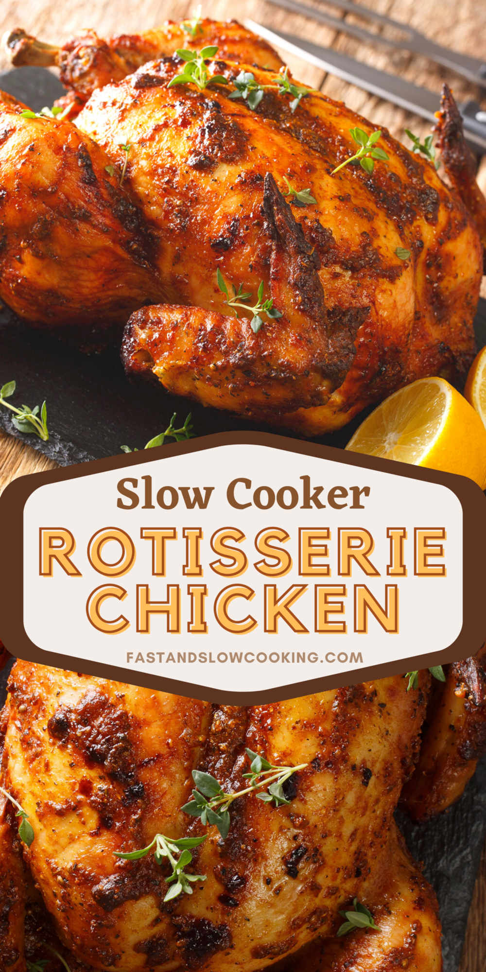 Fall off the bone Crockpot Rotisserie Chicken that is juicy and delicious and the best part is that you can cook it while you are at work and come home to an amazing meal!