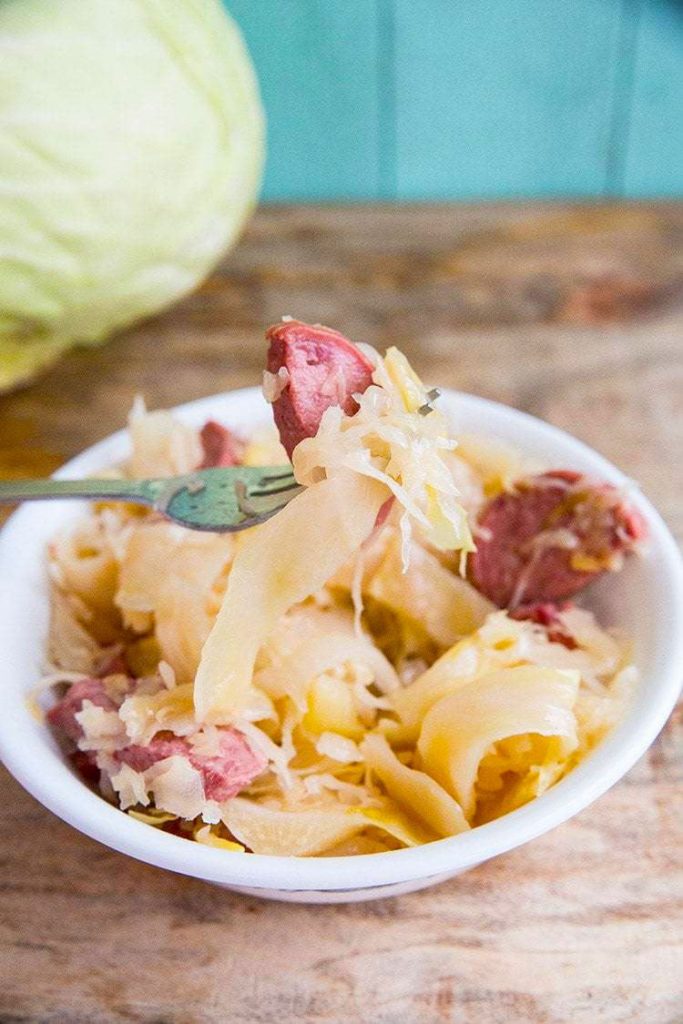 Slow Cooker Sauerkraut, Cabbage and Sausage 