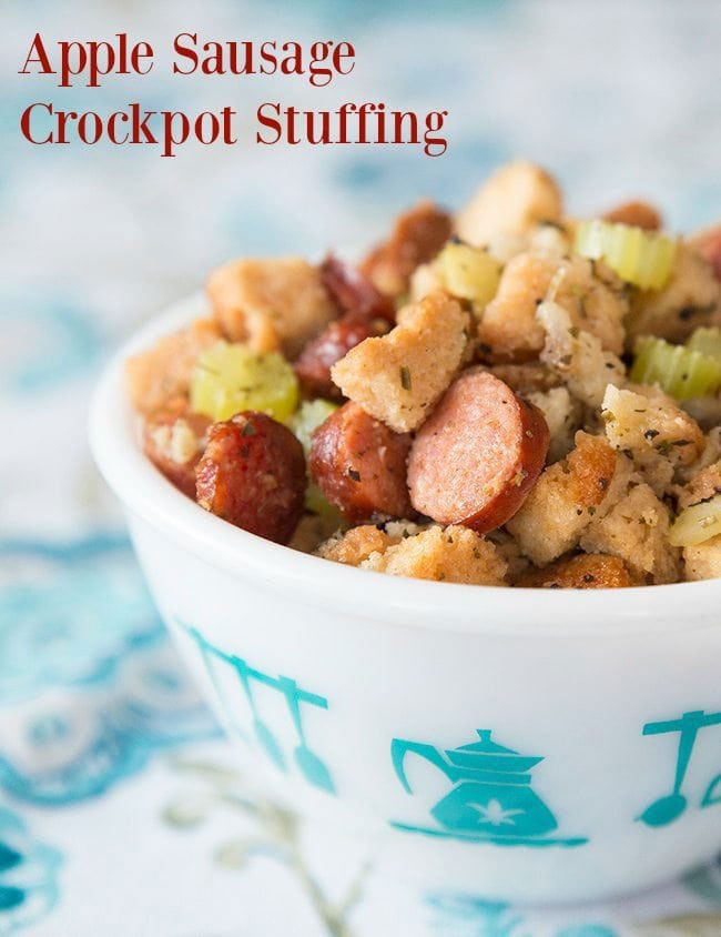 Apple Sausage Slow Cooker Stuffing - the easiest way to make stuffing for your holiday meal! #slowcooker #crockpot #holiday #dressing #stuffing #easter #christmas #thanksgiving #recipe 