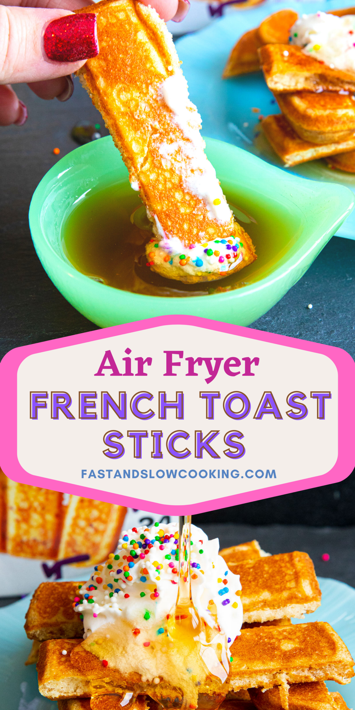 French toast sticks dipped in syrup