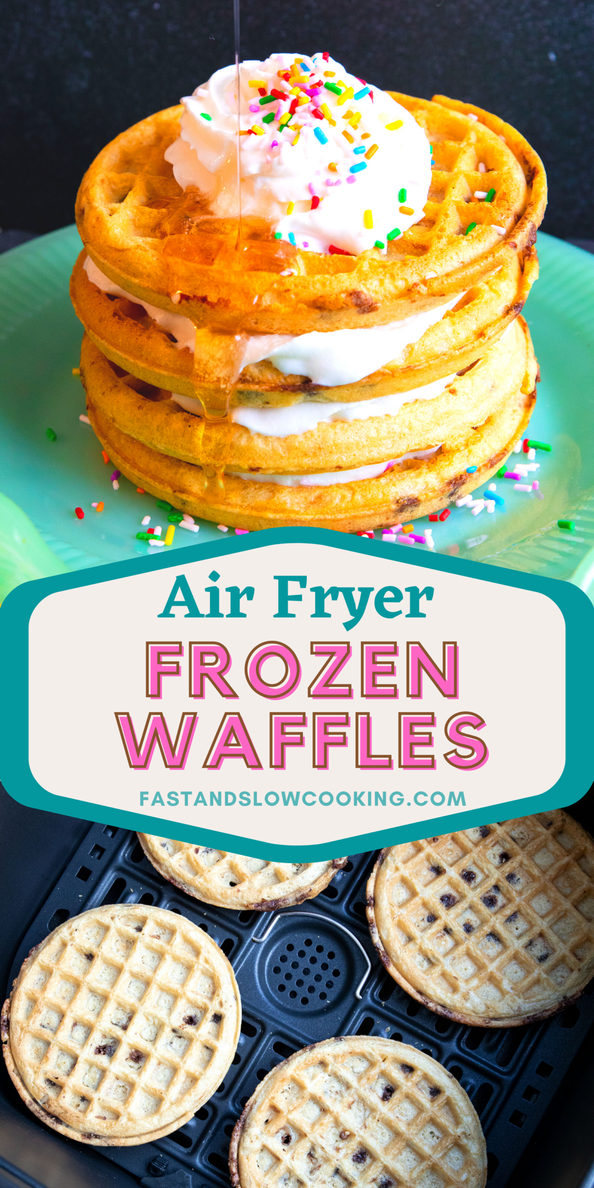 How to cook frozen waffles in your air fryer! The air fryer crisps them up evenly in 5 minutes, making them the perfect weekday OR weekend breakfast
