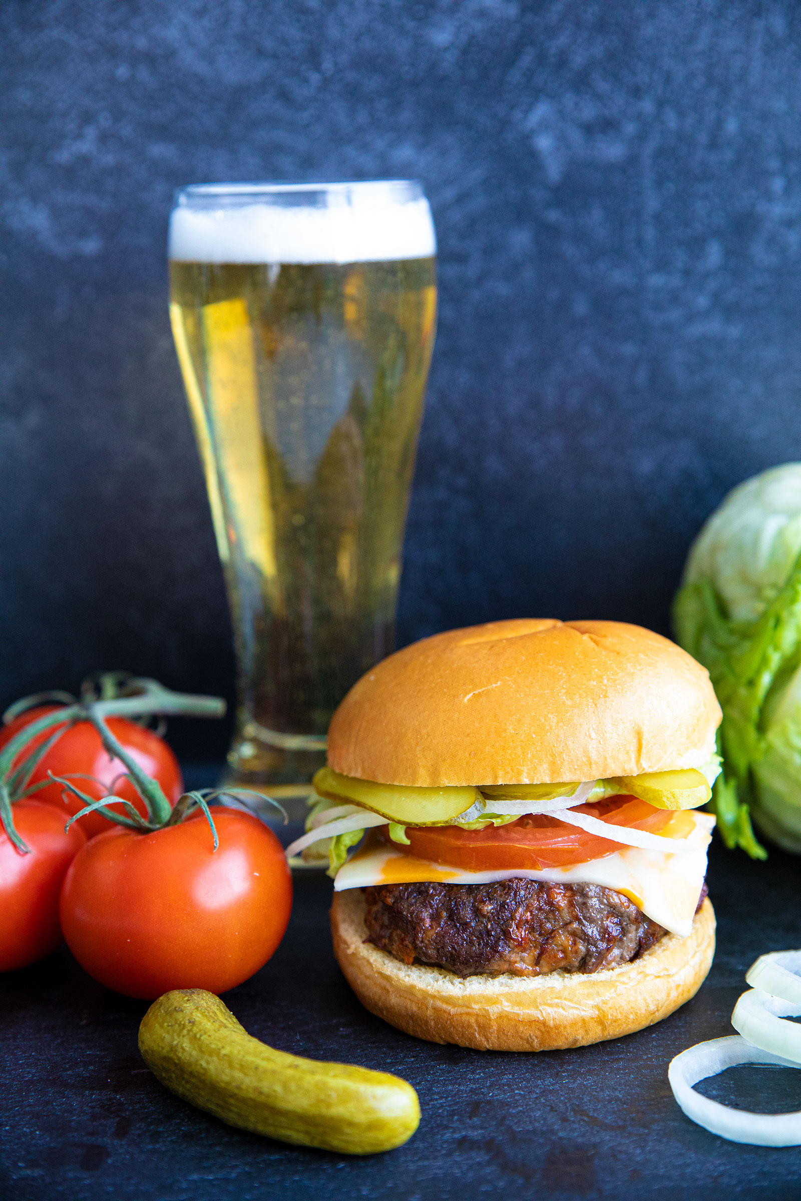 air fryer burger with a beer 