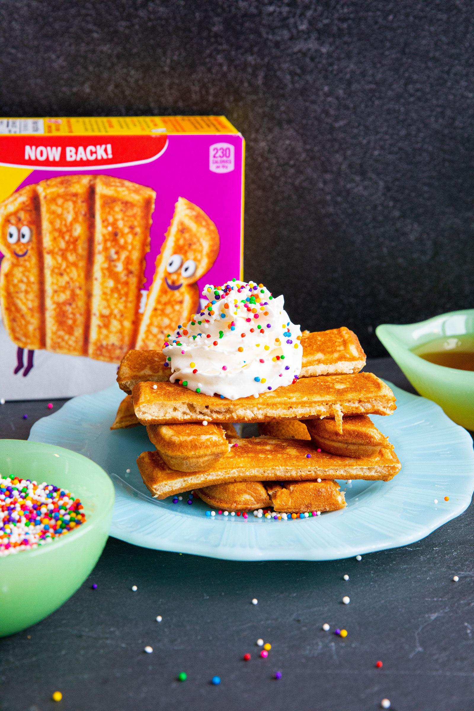 French toast sticks with whipped cream and sprinkles