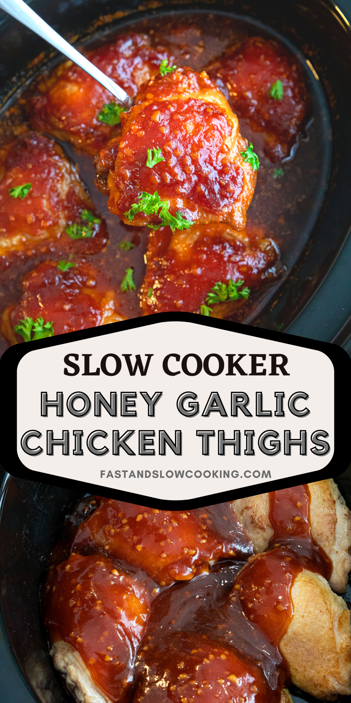 Fall off the bone tender chicken thighs cooked in the slow cooker in a delicious, easy honey garlic sauce!