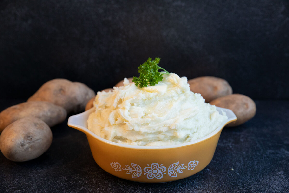 microwave mashed potatoes in a Pyrex dish