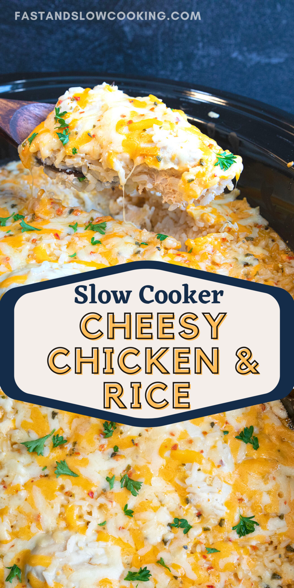 Chicken breast in the slow cooker is cooked to tender perfection in a cheesy rice mixture - the perfect one "crock" dinner!  