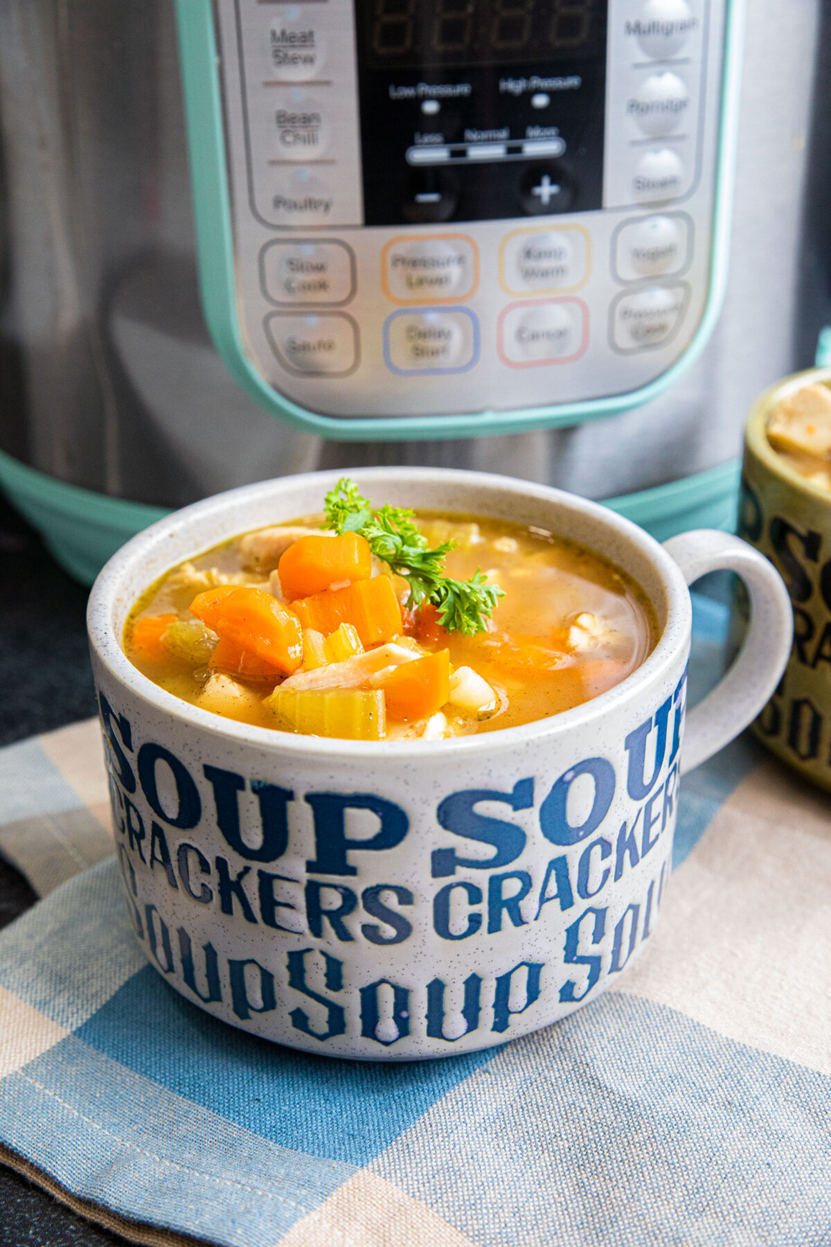 instant pot chicken noodle soup served in soup mugs