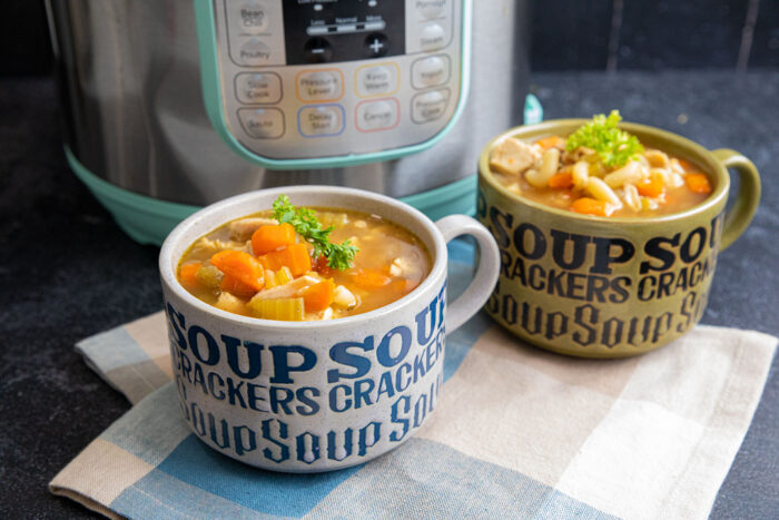 instant pot chicken noodle soup in soup mugs / bowls