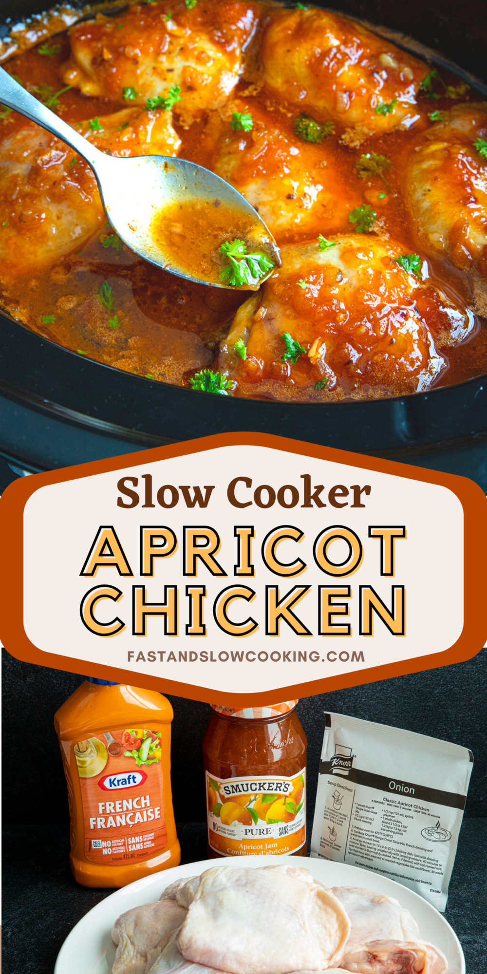 The classic apricot chicken is cooked low and slow all day long in your slow cooker, yielding tender, fall-off-the-bone chicken thighs in a delicious sauce!
