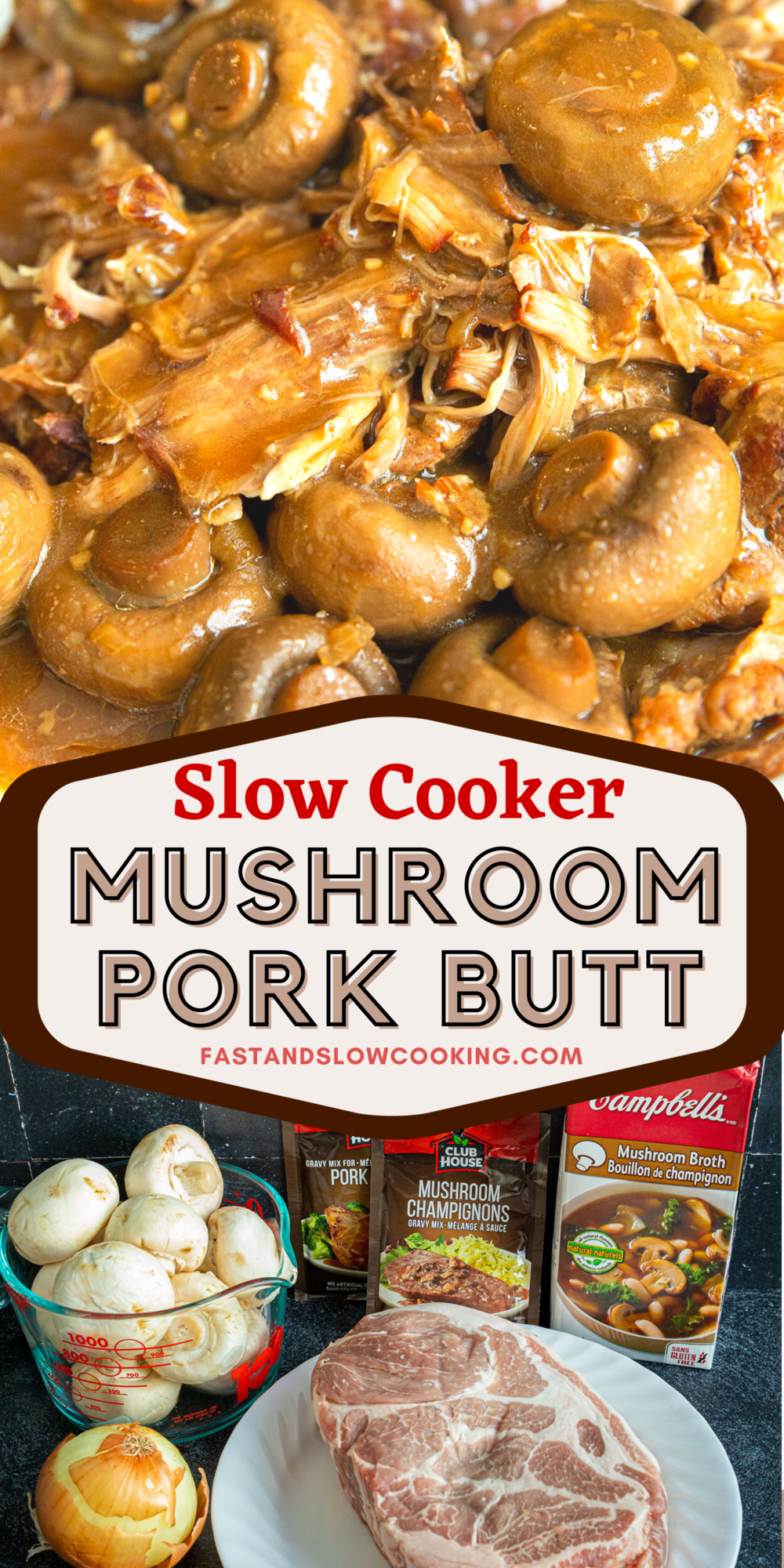 Pork butt is cooked in the slow cooker low and slow in a decadent mushroom and onion gravy. The perfect weekday meal the whole family love