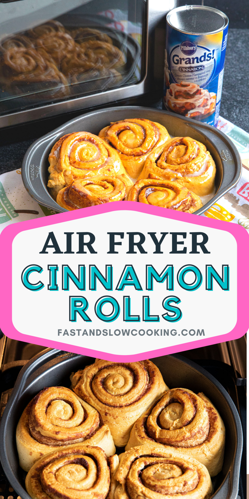 How to bake up a small batch of cinnamon buns in your air fryer! Use canned refrigerated cinnamon rolls for the perfect quick hot breakfast or snack!