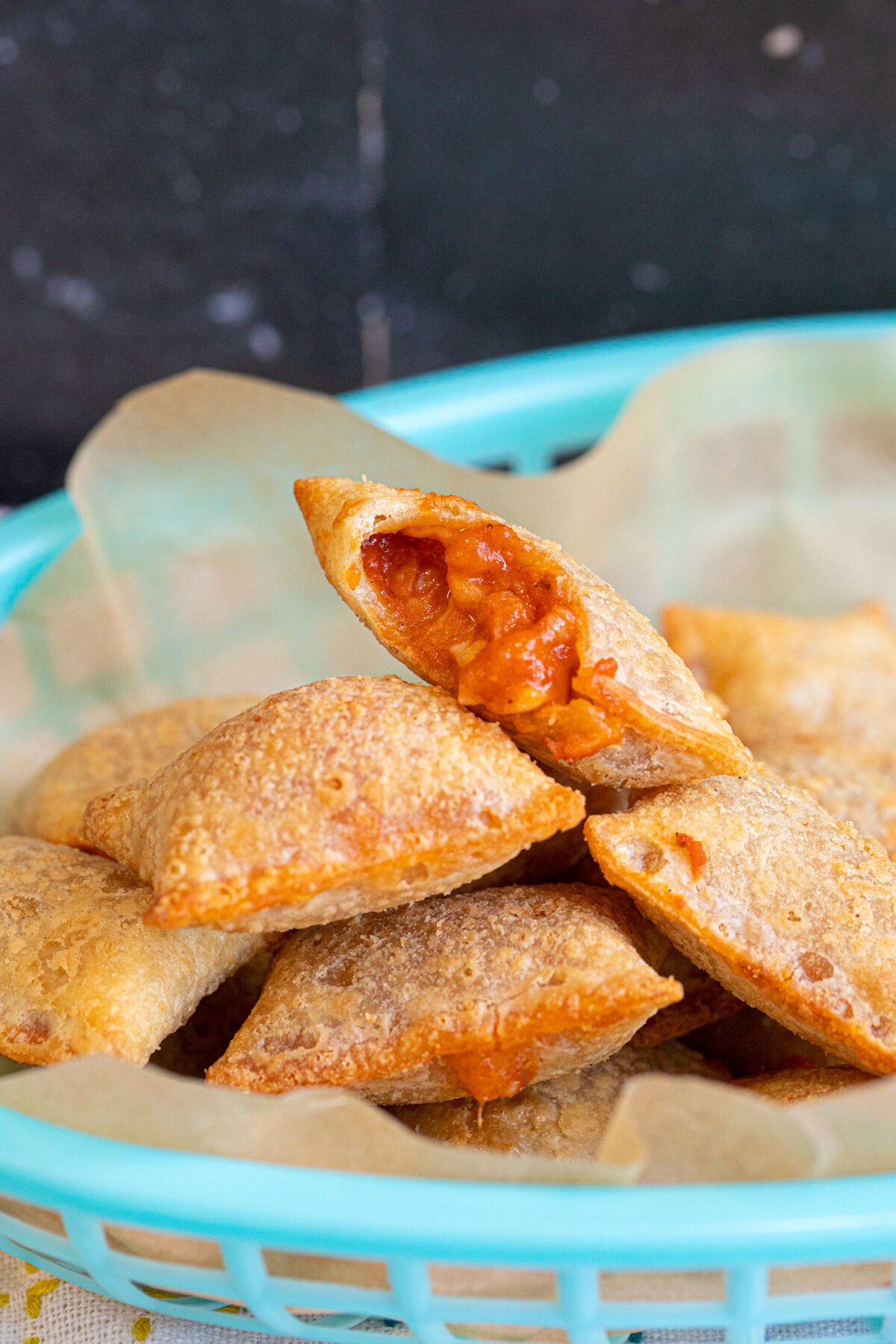 piles of pizza bites showing cheesy interior