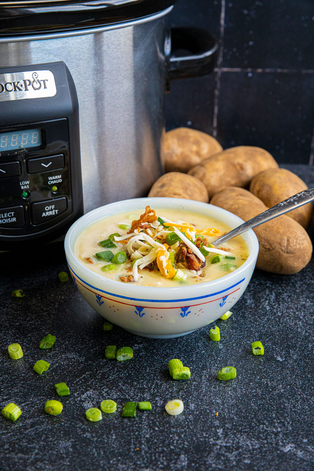 slow cooker potato soup in a bowl