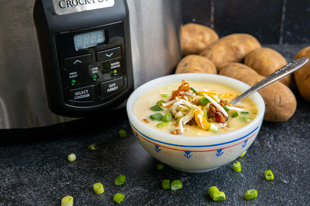 slow cooker potato soup in a bowl 