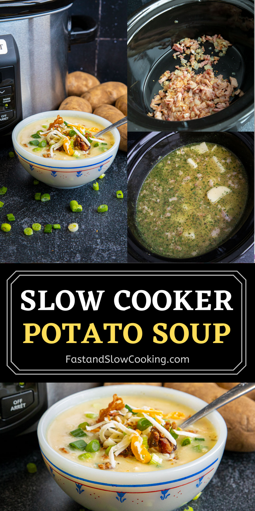 Creamy slow cooker potato soup cooks all day and is loaded with cheesy bacon flavor, the perfect lunch or dinner!