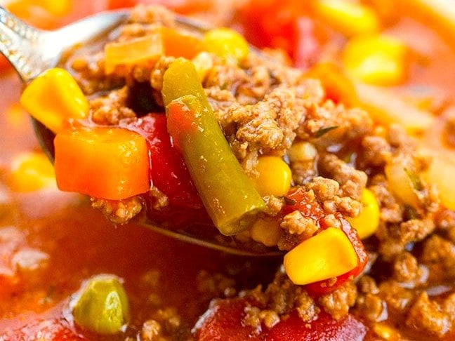 Crock pot hamburger soup in a bowl